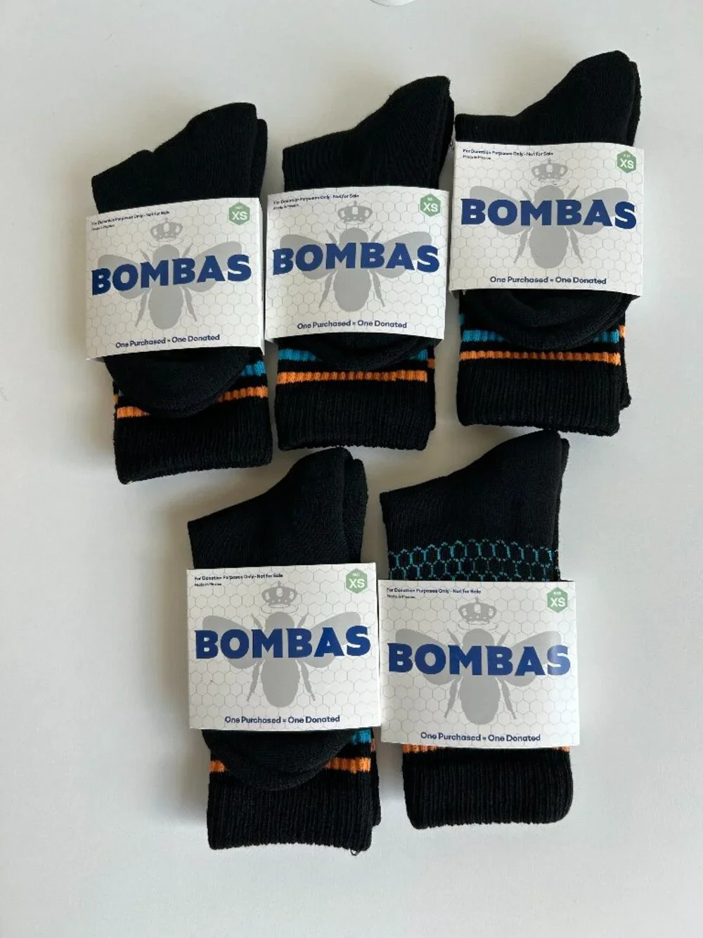5 Pairs Bombas Socks - Black with Orange and Blue Stripes - Size XS